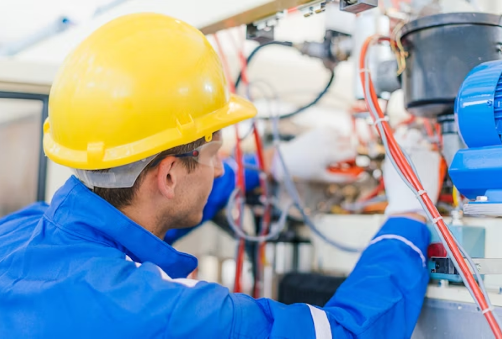 Technician working on a factory control panel